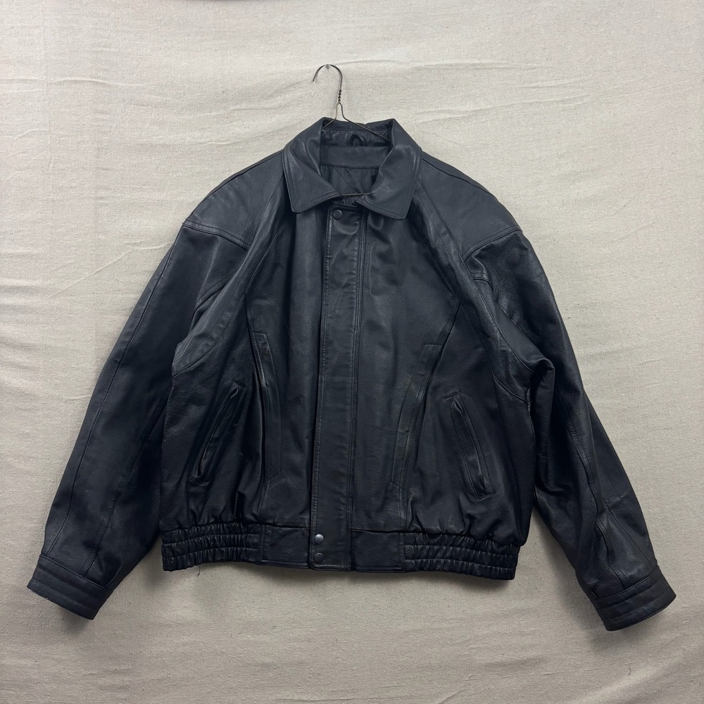 John Ashford Leather Bomber Jacket Mens L Black Vintage Quilted Lined Full Zip